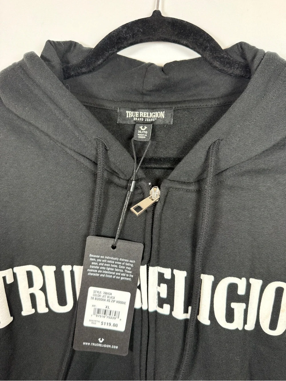 True Religion Mens Hoodie XL Black Zip Up Buddha Full Zip Sweatshirt NWT Jacket